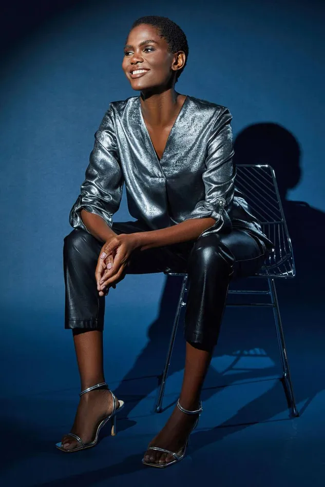 Silver Metallic VNeck Pleat Detail Overshirt Top Women Roman Tops