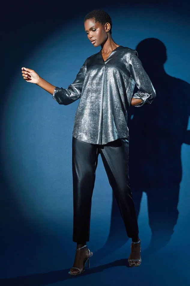 Silver Metallic VNeck Pleat Detail Overshirt Top Women Roman Tops