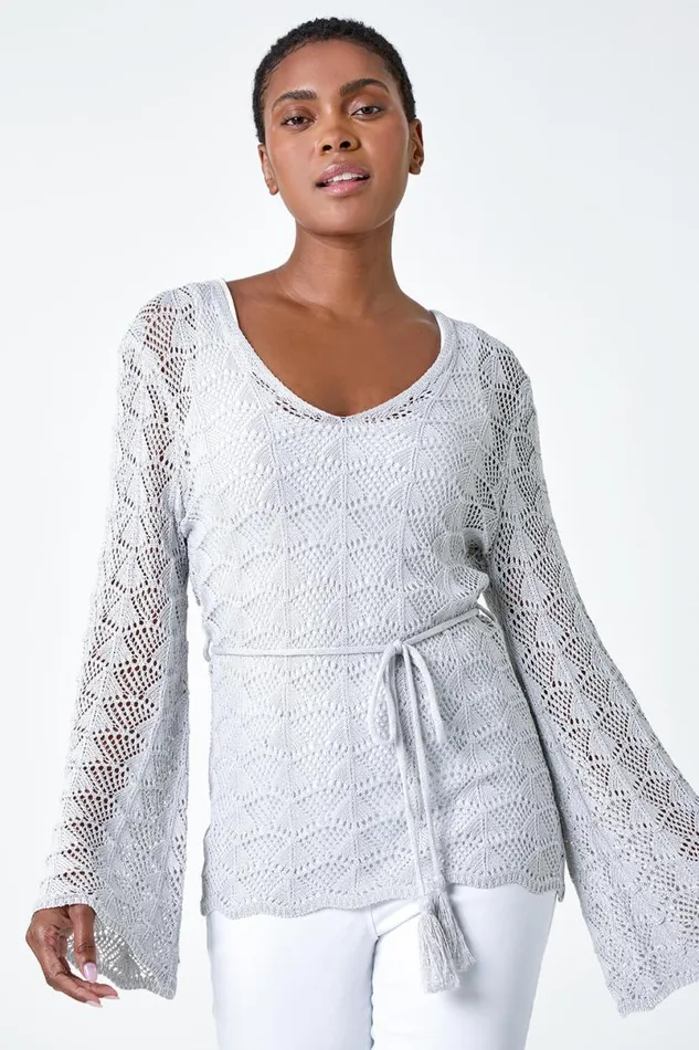 Silver Shimmer Crochet Tie Stretch Knit Jumper Women Roman Tops