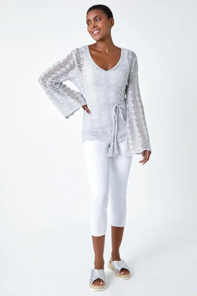 Silver Shimmer Crochet Tie Stretch Knit Jumper Women Roman Tops