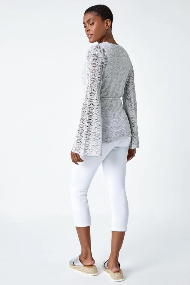 Silver Shimmer Crochet Tie Stretch Knit Jumper Women Roman Tops