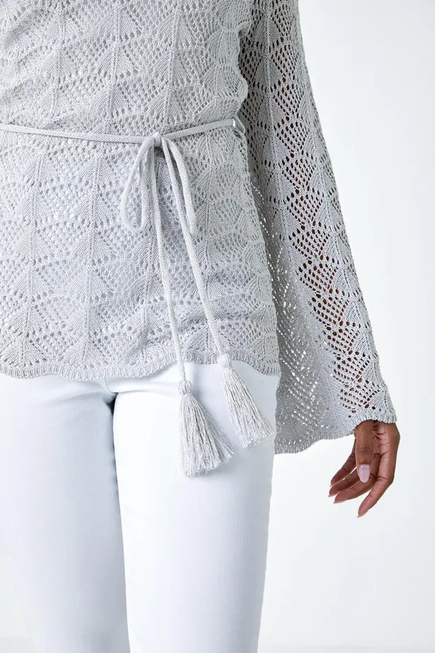 Silver Shimmer Crochet Tie Stretch Knit Jumper Women Roman Tops