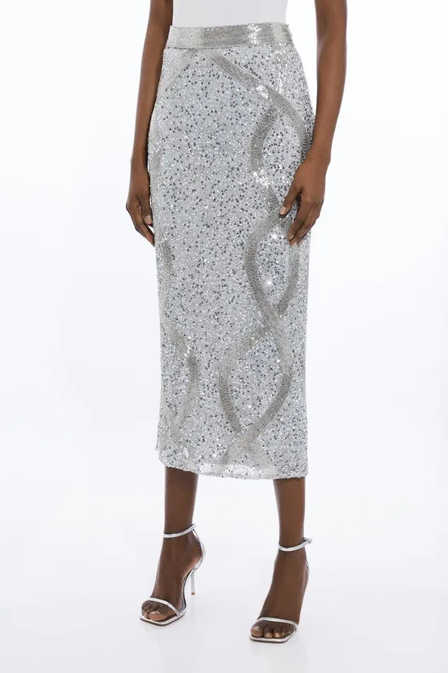 Skirts Women Karen Millen Beaded And Embellished Woven Pencil Skirt Silver