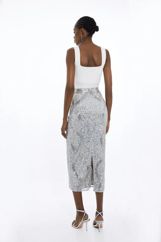Skirts Women Karen Millen Beaded And Embellished Woven Pencil Skirt Silver