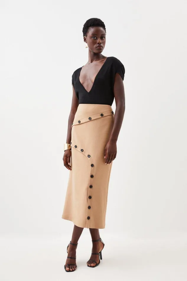Skirts Women Karen Millen Compact Stretch Asymmetric Button Midi Skirt Camel