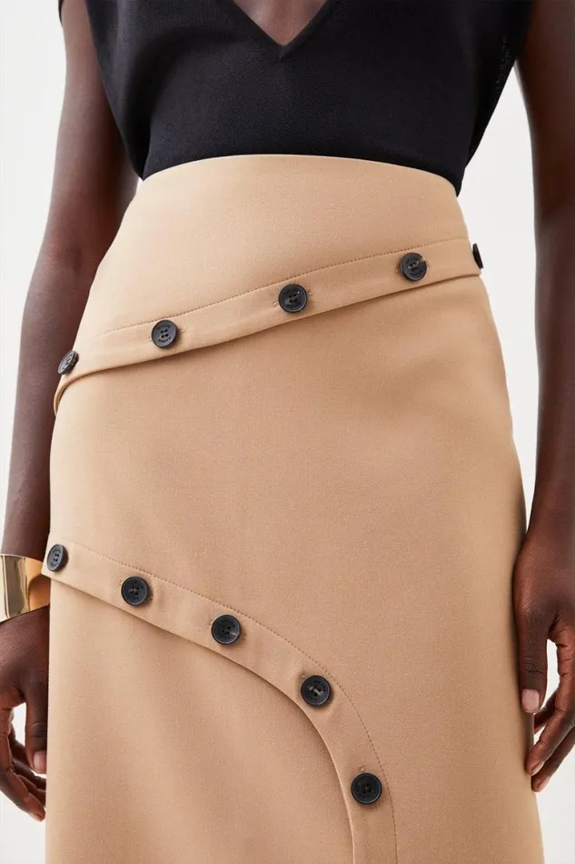Skirts Women Karen Millen Compact Stretch Asymmetric Button Midi Skirt Camel