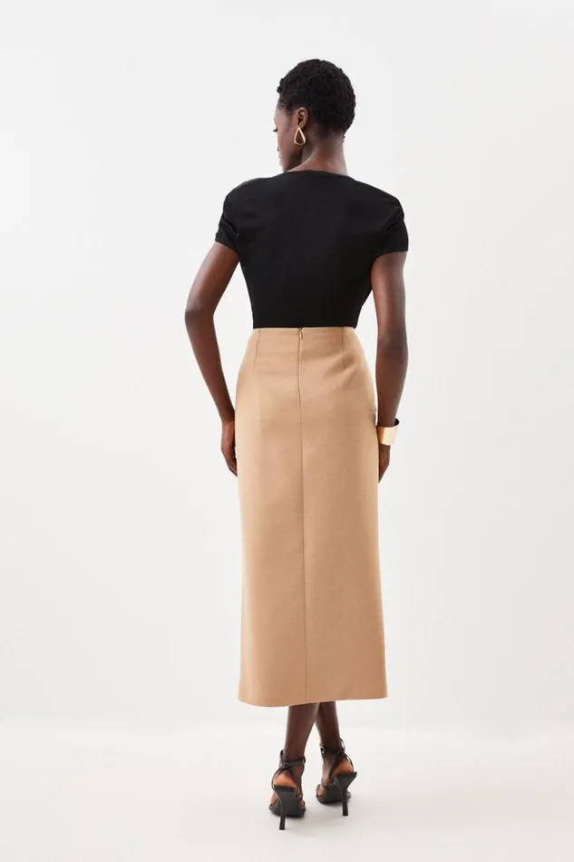 Skirts Women Karen Millen Compact Stretch Asymmetric Button Midi Skirt Camel