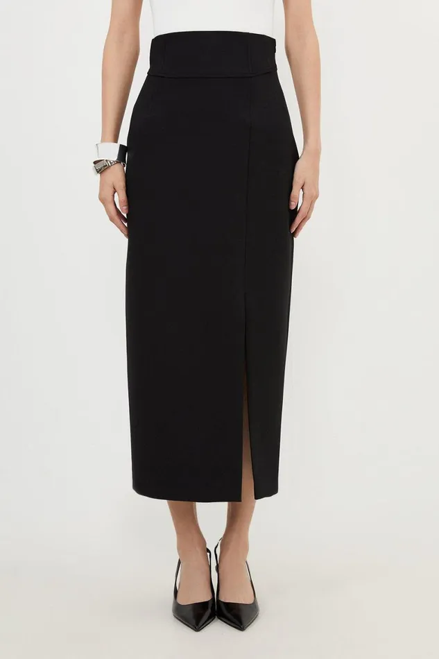 Skirts Women Karen Millen Compact Stretch Side Split Tailored Midi Pencil Skirt Black