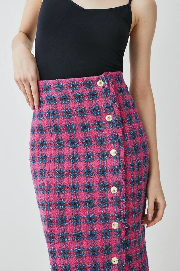 Skirts Women Karen Millen Italian Check Boucle Tailored Pencil Skirt Pink
