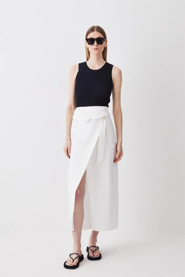 Skirts Women Karen Millen Linen Wrap Belted Midi Skirt Ivory