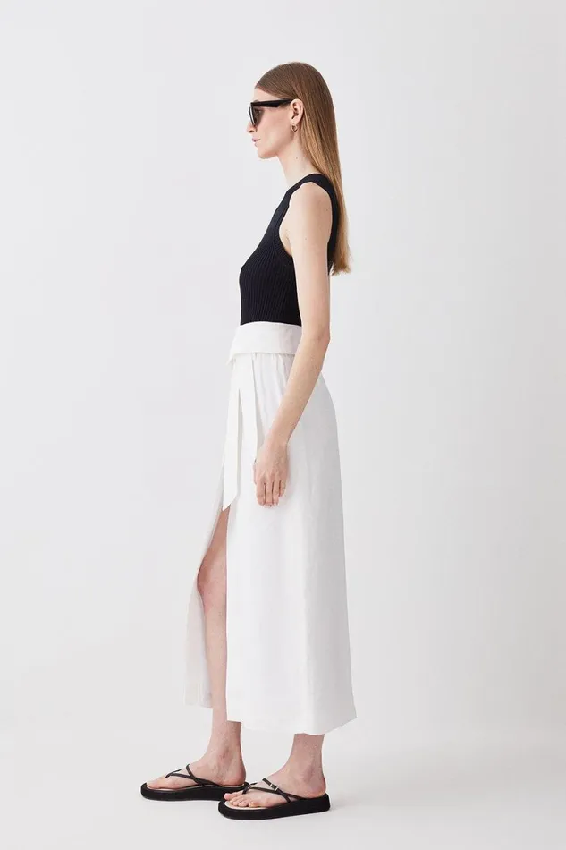 Skirts Women Karen Millen Linen Wrap Belted Midi Skirt Ivory