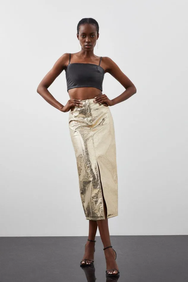 Skirts Women Karen Millen Metallic Faux Leather Midi Skirt Gold