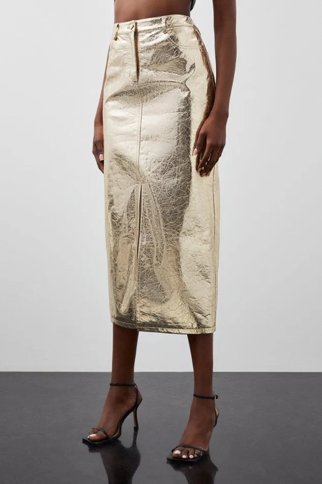 Skirts Women Karen Millen Metallic Faux Leather Midi Skirt Gold