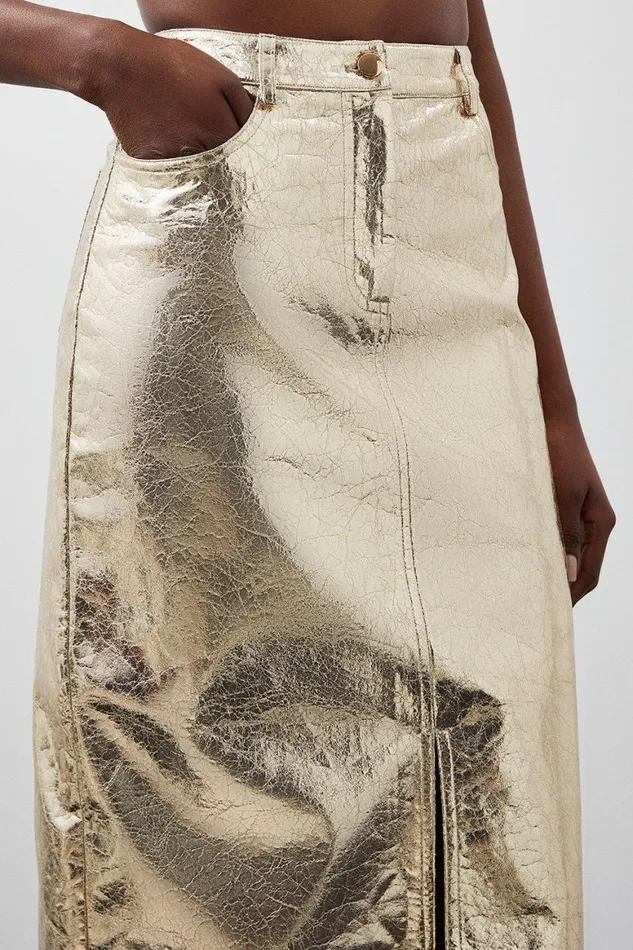 Skirts Women Karen Millen Metallic Faux Leather Midi Skirt Gold