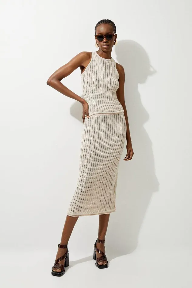 Skirts Women Karen Millen Open Stitch Detail Knit Midi Skirt Sand