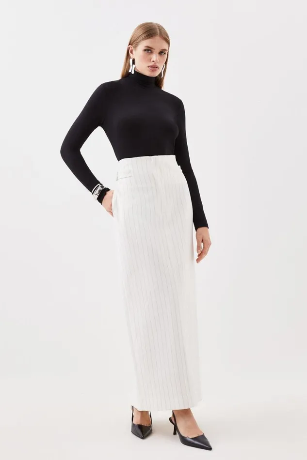 Skirts Women Karen Millen Tailored Compact Stretch Pinstripe High Waist Tab Detail Maxi Skirt Ivory