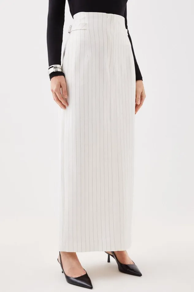 Skirts Women Karen Millen Tailored Compact Stretch Pinstripe High Waist Tab Detail Maxi Skirt Ivory