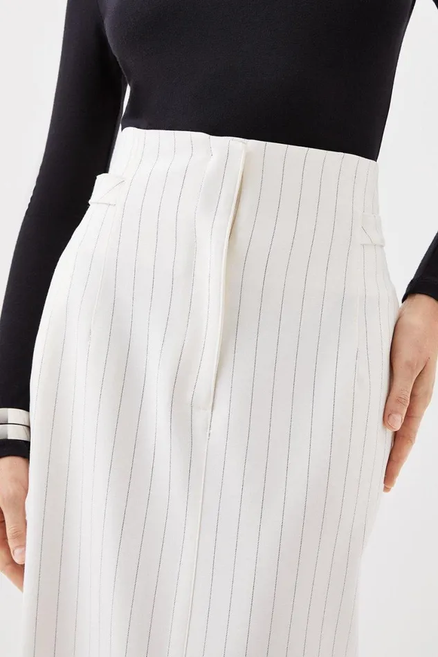 Skirts Women Karen Millen Tailored Compact Stretch Pinstripe High Waist Tab Detail Maxi Skirt Ivory