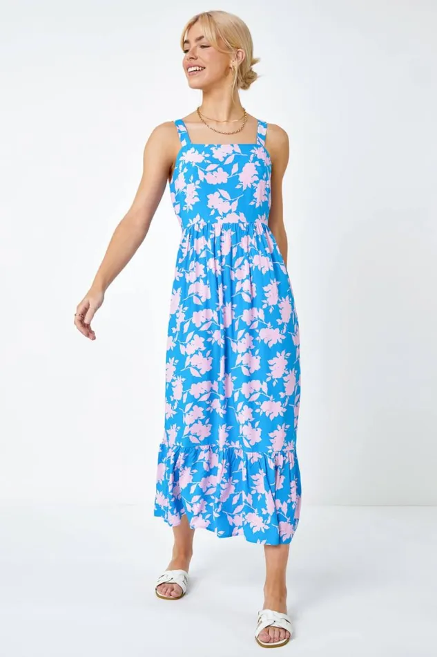 Sky Blue Sleeveless Floral Tiered Midi Dress Women Roman Dresses