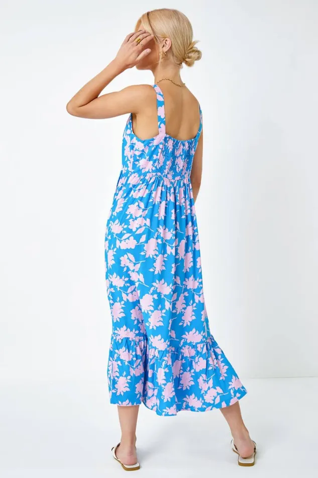 Sky Blue Sleeveless Floral Tiered Midi Dress Women Roman Dresses