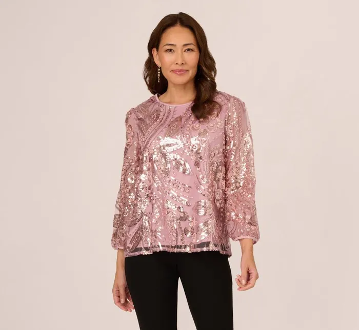 Sleeves Womens Adrianna Papell Sequin Embroidered Top With Three Quarter Sleeves In Dusty Rose