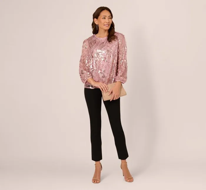 Sleeves Womens Adrianna Papell Sequin Embroidered Top With Three Quarter Sleeves In Dusty Rose