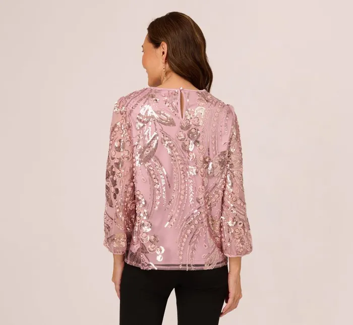 Sleeves Womens Adrianna Papell Sequin Embroidered Top With Three Quarter Sleeves In Dusty Rose