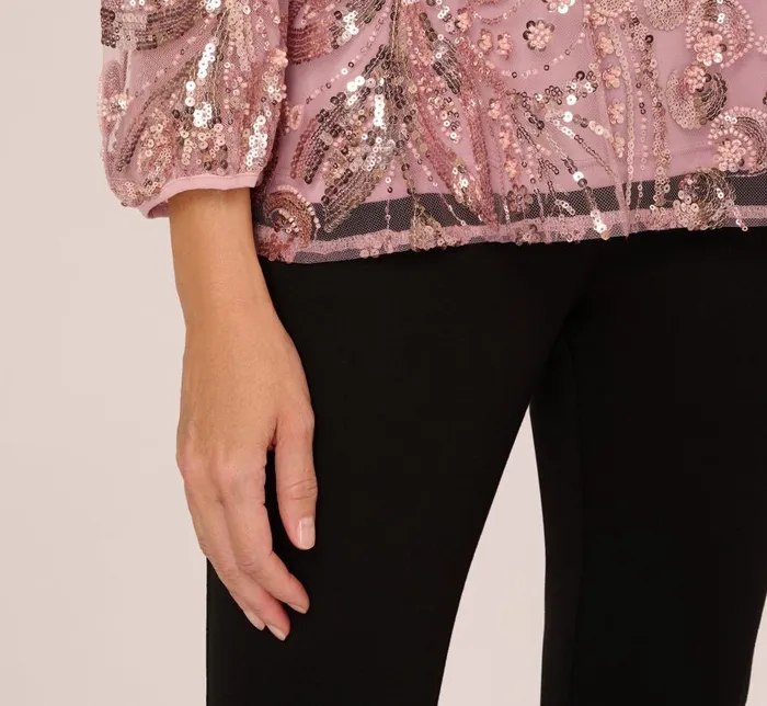 Sleeves Womens Adrianna Papell Sequin Embroidered Top With Three Quarter Sleeves In Dusty Rose