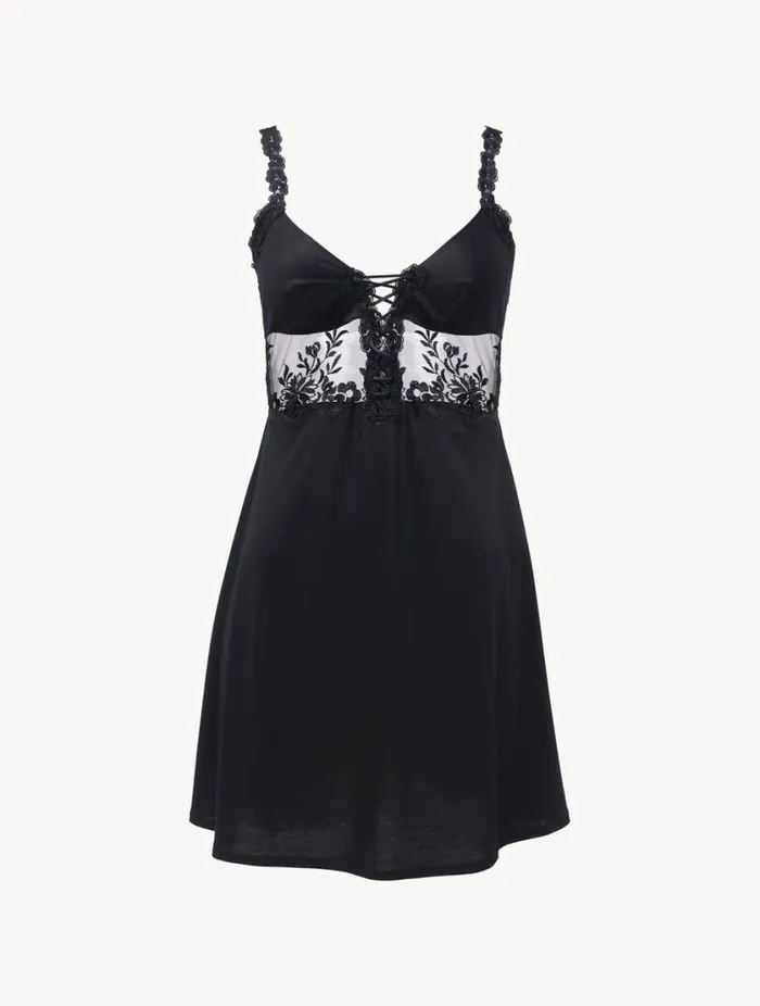 Slip Dress In Black Modal With Embroidered Tulle Sleepwear La Perla Slips and Dresses