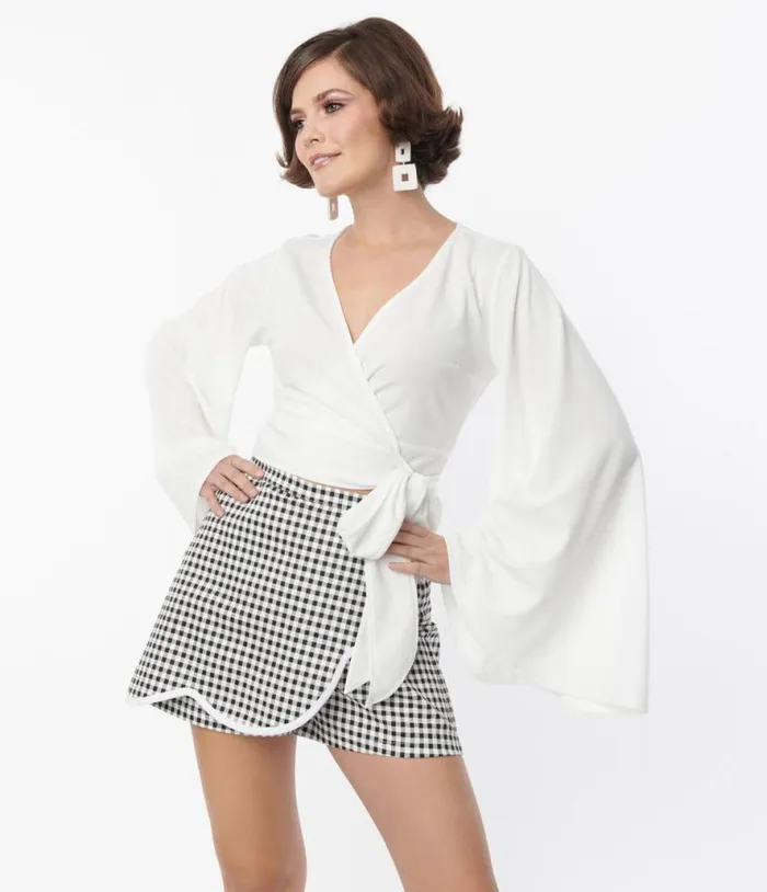 Smak Parlour Black and White Gingham Faux Wrap Scalloped Skort ClothingPlus Unique Vintage Skirts