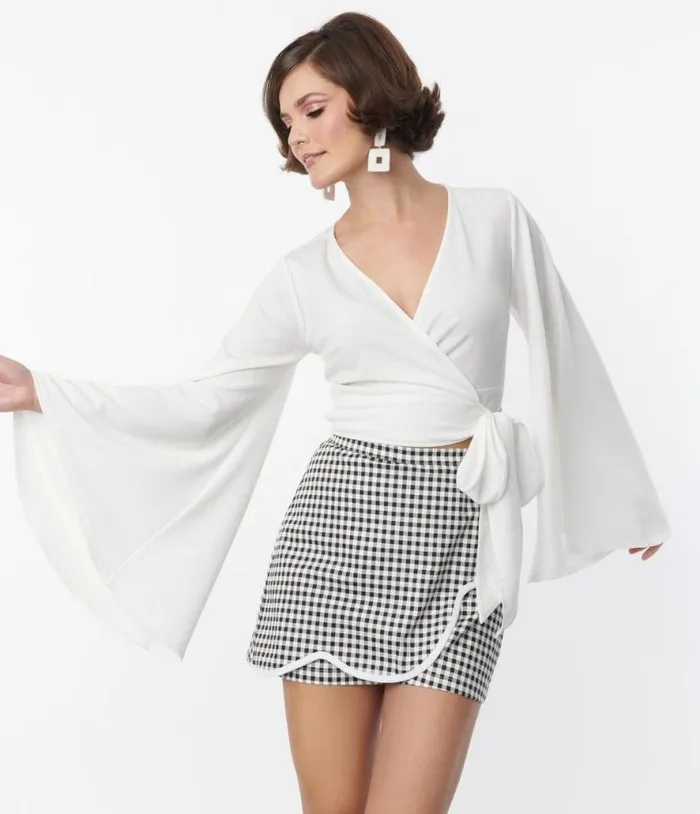 Smak Parlour Black and White Gingham Faux Wrap Scalloped Skort ClothingPlus Unique Vintage Skirts