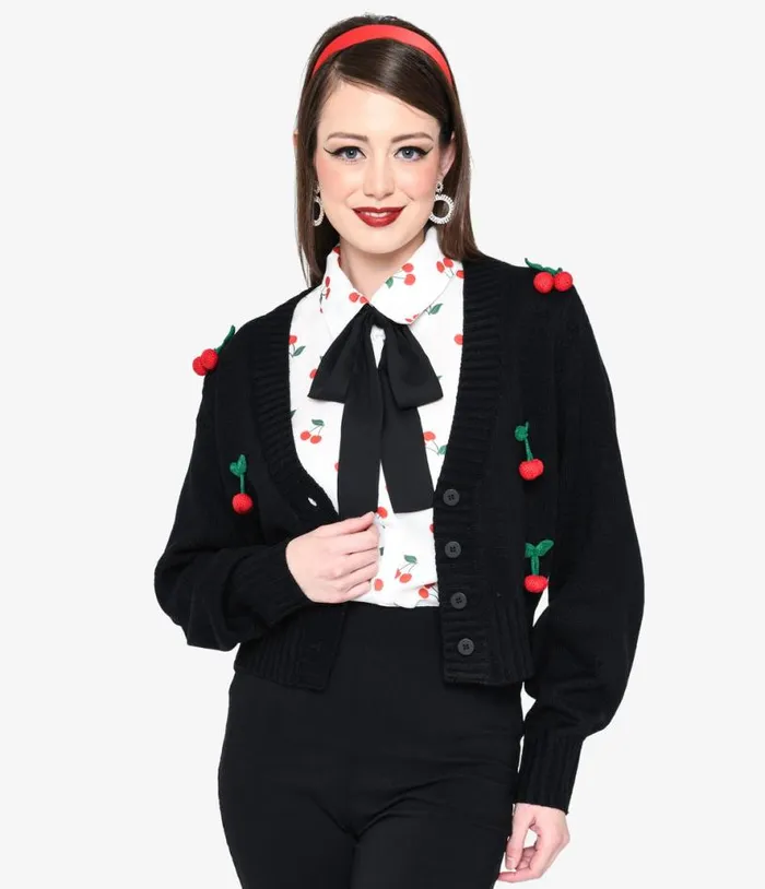 Smak Parlour Black Cherries Cropped Knit Cardigan Clothing Unique Vintage Sweaters and Cardigans