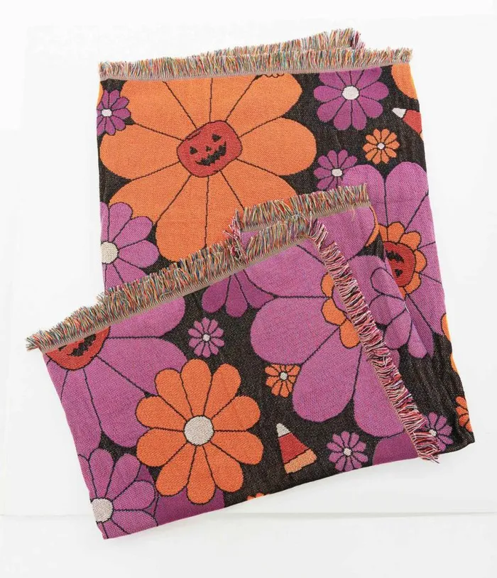 Smak Parlour Groovy Pumpkin Floral Fringe Blanket Halloween Unique Vintage Accessories