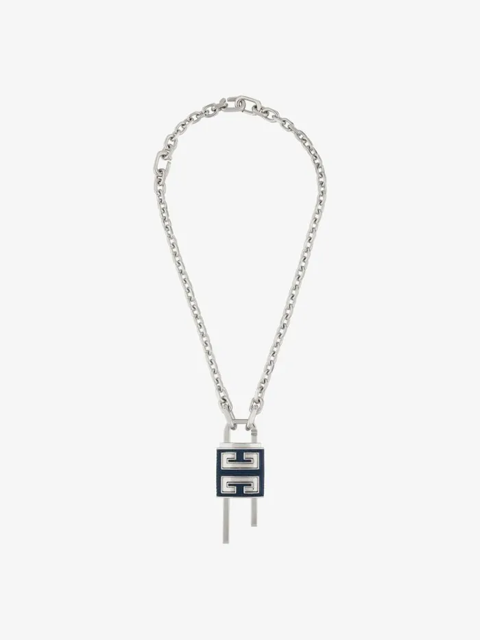 Small Lock Necklace In Metal And Leather Bluesilvery Men Givenchy Jewelry