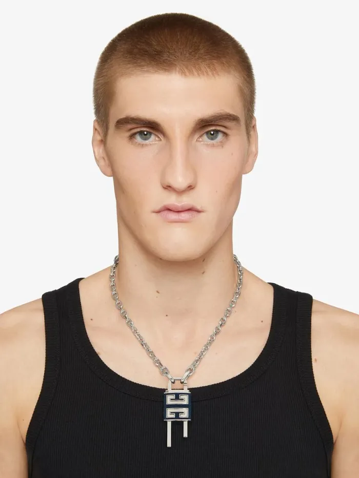 Small Lock Necklace In Metal And Leather Bluesilvery Men Givenchy Jewelry