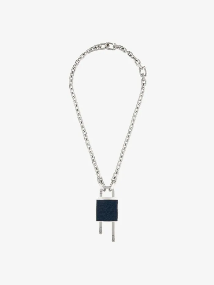 Small Lock Necklace In Metal And Leather Bluesilvery Men Givenchy Jewelry