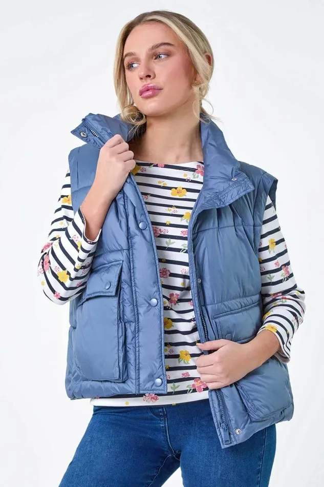 Steel Blue Pocket Detail Quilted Gilet Women Roman Coats