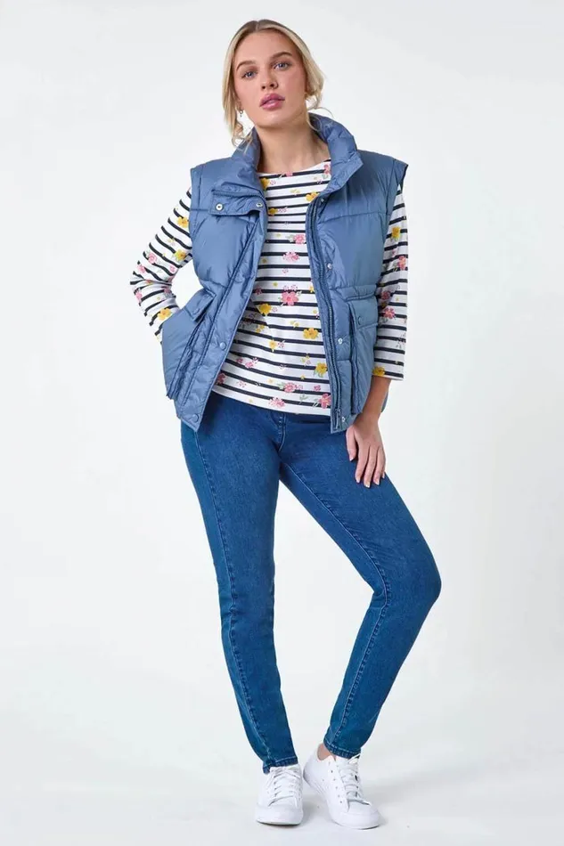 Steel Blue Pocket Detail Quilted Gilet Women Roman Coats