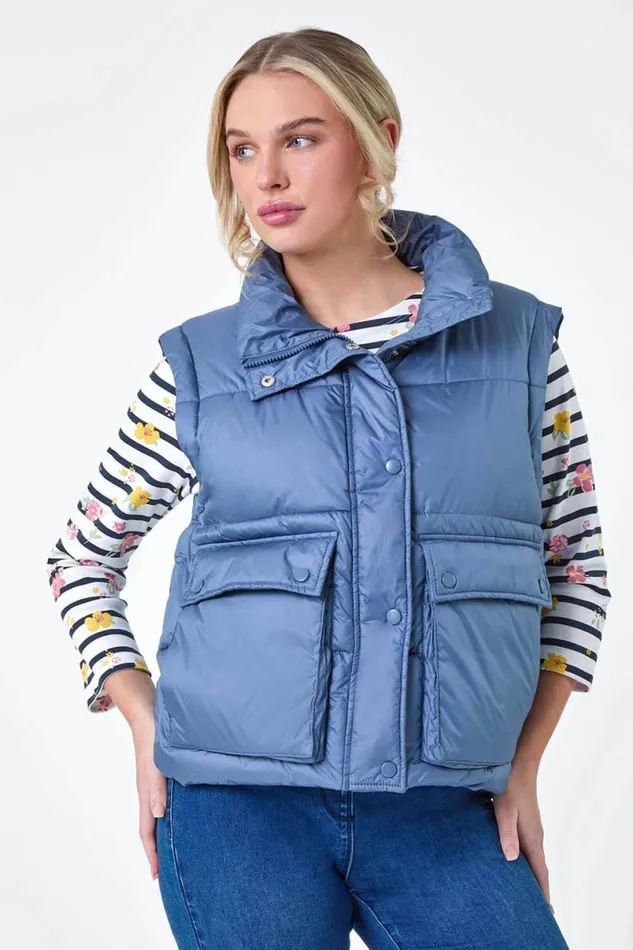 Steel Blue Pocket Detail Quilted Gilet Women Roman Coats
