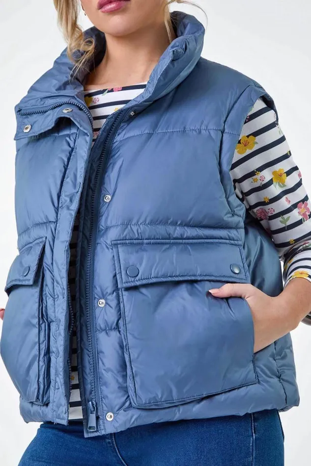 Steel Blue Pocket Detail Quilted Gilet Women Roman Coats