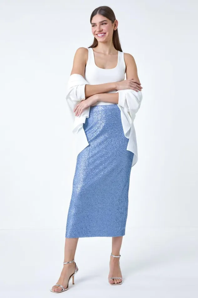 Steel Blue Sequin Sparkle Stretch Midi Skirt Women Roman Occasionwear