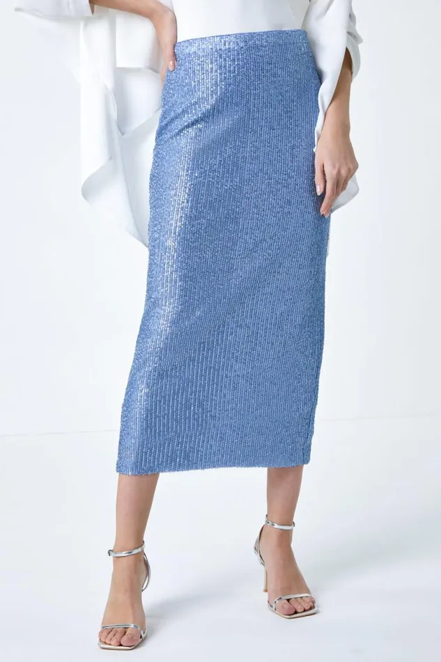 Steel Blue Sequin Sparkle Stretch Midi Skirt Women Roman Occasionwear