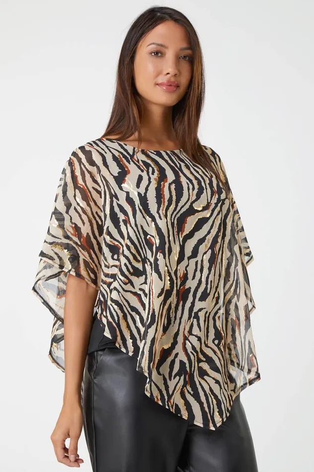 Stone Animal Foil Overlay Stretch Top Women Roman Tops
