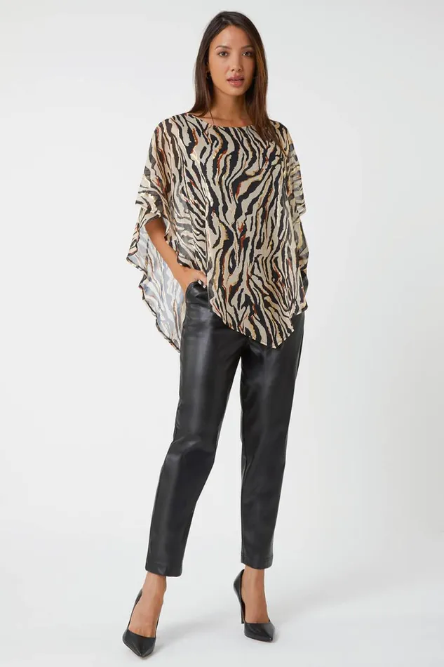 Stone Animal Foil Overlay Stretch Top Women Roman Tops