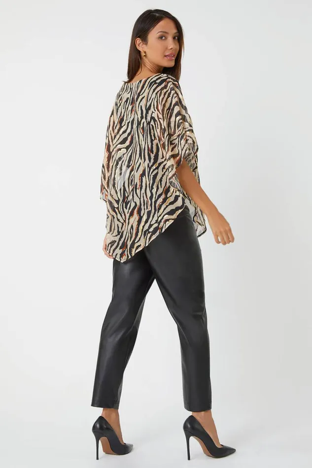 Stone Animal Foil Overlay Stretch Top Women Roman Tops