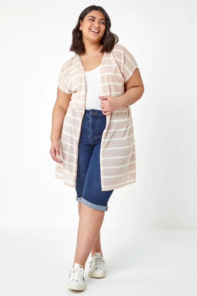 Stone Curve Longline Striped Cardigan Women Roman Knitwear