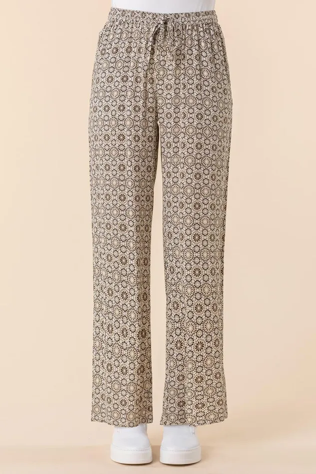 Stone Geometric Elastic Waist Wide Leg Trouser Women Roman Trousers