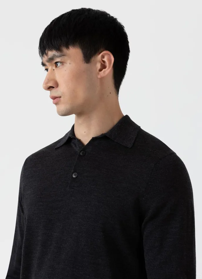 SUNSPEL Knitwear ExtraFine Merino Polo Shirt Charcoal Melange 8211 Men