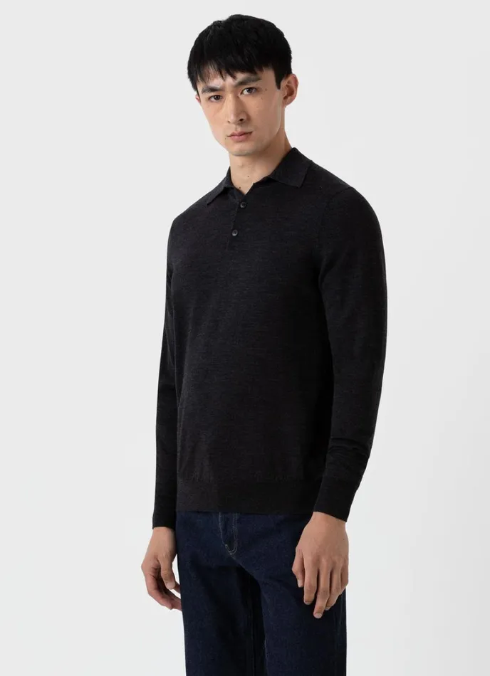 SUNSPEL Knitwear ExtraFine Merino Polo Shirt Charcoal Melange 8211 Men