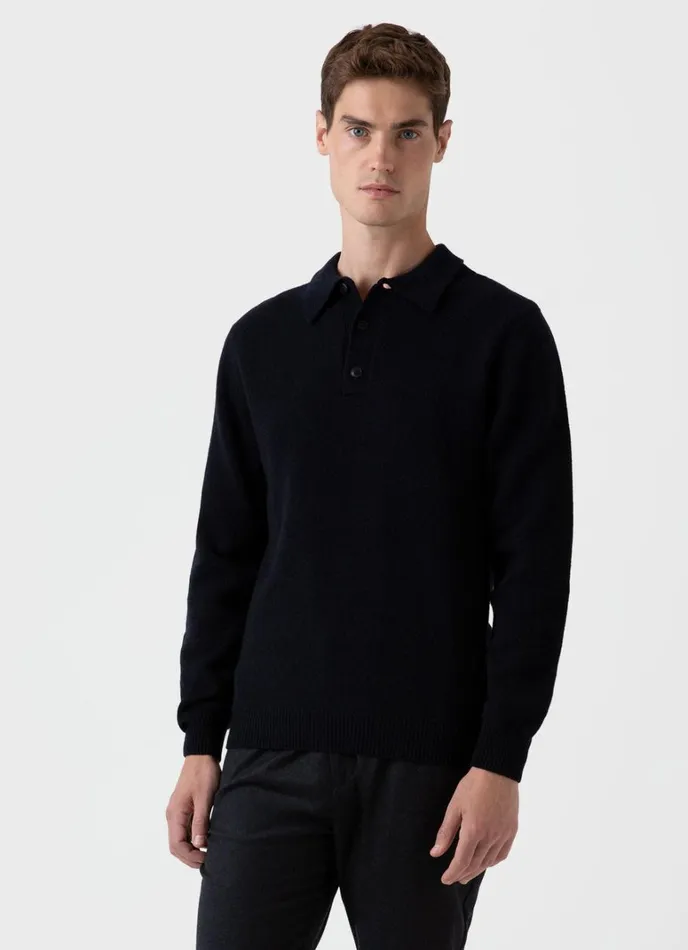 SUNSPEL Knitwear Lambswool Polo Shirt Dark Navy Mouline 8211 Men